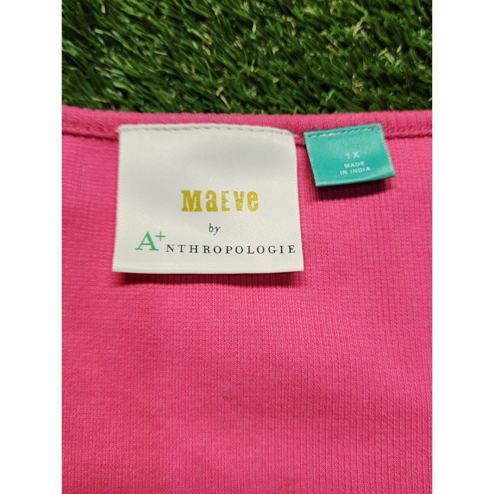 Maeve Anthropologie Hot Pink Ribbed T-Shirt Swiss Dot Ruffle Tulle Sleeve 1X - Picture 4 of 8